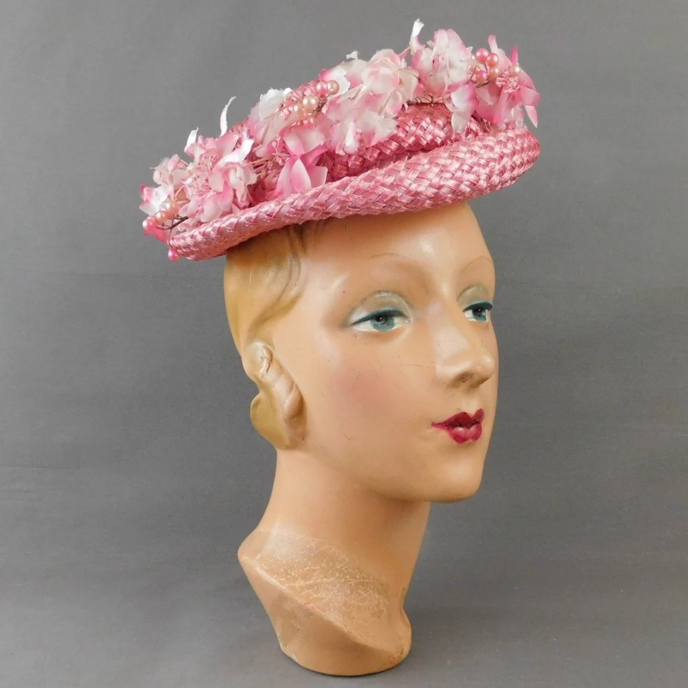 Vintage Pink Straw Hat 1950s w/ Flowers & Pearlescent Berries Deborah Exclusive